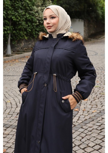 Kürk Yakalı Beli Bağcıklı Mont Lacivert 19269 fiyatları