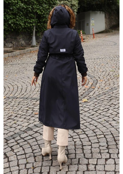 Kürk Yakalı Beli Bağcıklı Mont Lacivert 19269 modelleri