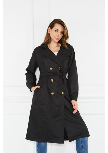Kadın Yazlık Trençkot Düğmeli Kruvaze Yaka 100% Polyester Uzun Kol Siyah
