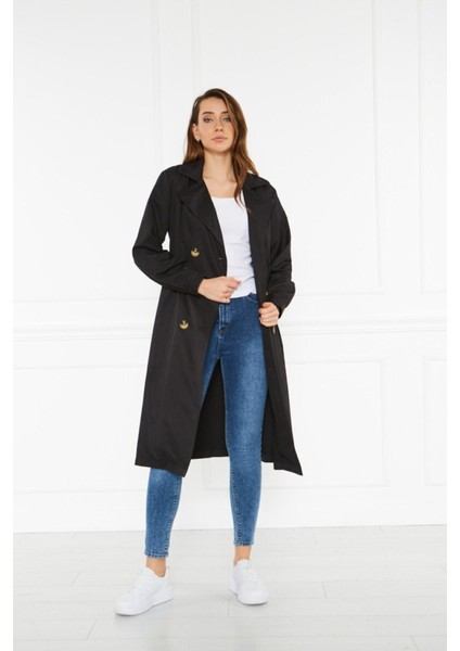 Kadın Yazlık Trençkot Düğmeli Kruvaze Yaka 100% Polyester Uzun Kol Siyah fiyatları