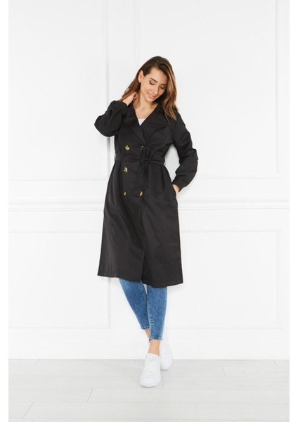 Kadın Yazlık Trençkot Düğmeli Kruvaze Yaka 100% Polyester Uzun Kol Siyah modelleri