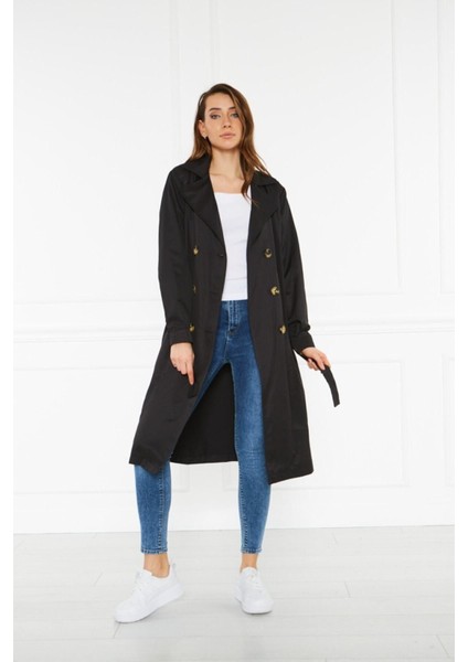 Kadın Yazlık Trençkot Düğmeli Kruvaze Yaka 100% Polyester Uzun Kol Siyah fırsatları