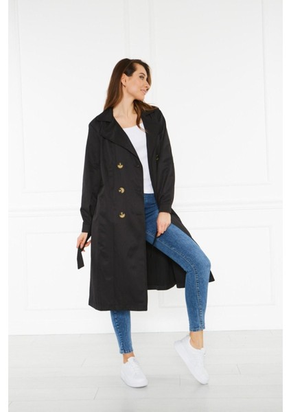 Kadın Yazlık Trençkot Düğmeli Kruvaze Yaka 100% Polyester Uzun Kol Siyah indirimleri