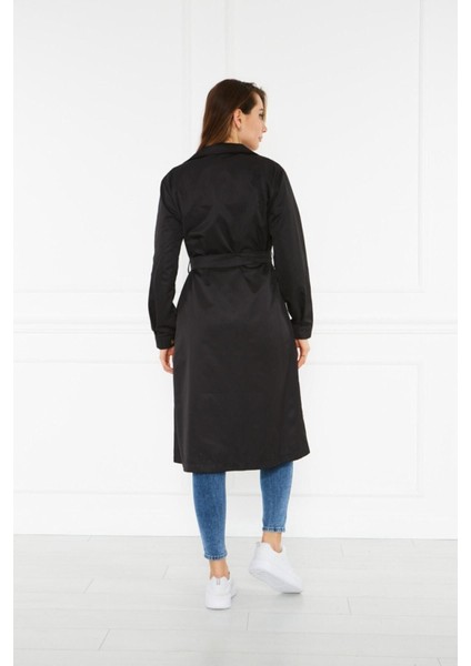 Kadın Yazlık Trençkot Düğmeli Kruvaze Yaka 100% Polyester Uzun Kol Siyah