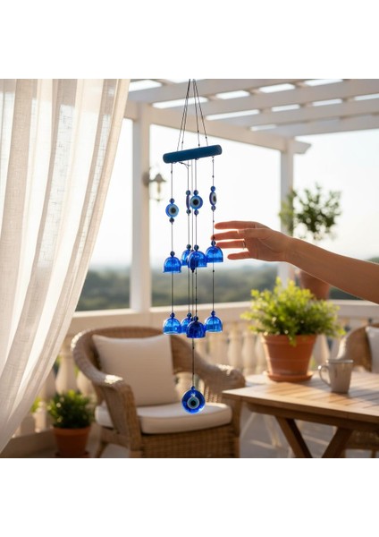 Feng Shui Nazar Boncuğu Rüzgar Çanı Metal Kötü Göze Karşı Dış Mekan Dekoratif Bahçe Kapı Süsü 65 Cm.