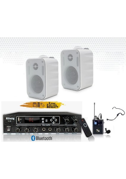 2’lı Duvar Hoparlörlü Yaka Mikrofonlu Bluetooth Anfi Ses Sistemi Seti