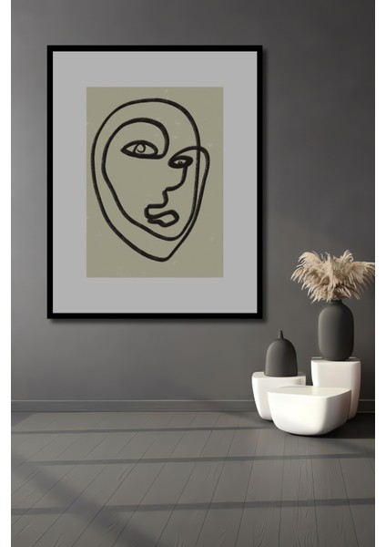 Dekoratif Ahşap Dikdörtgen Tablo Soyut Yüz Çizimi Çerçeve Görünümlü