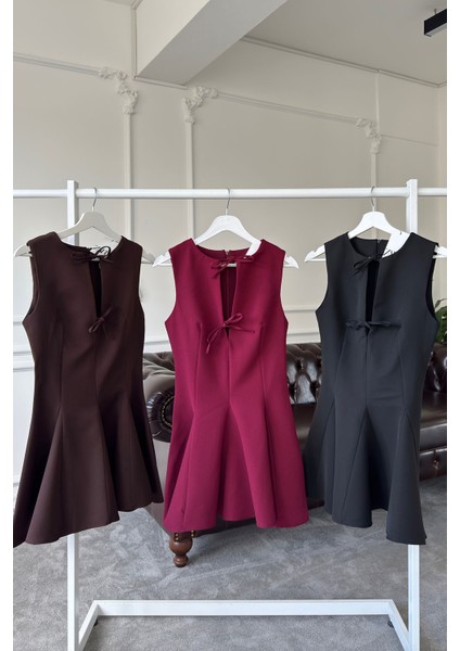 Sıfır Kol Kurdaleli Orj Elbise- Kahverengi