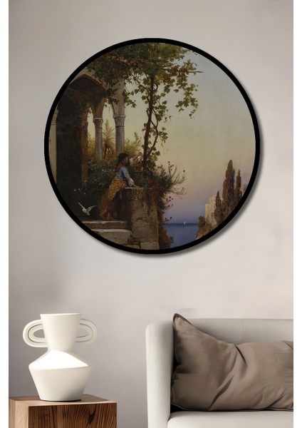 Dekoratif Ahşap Yuvarlak Çerçeve Görünümlü Tablo Deniz Kıyısında Kadın