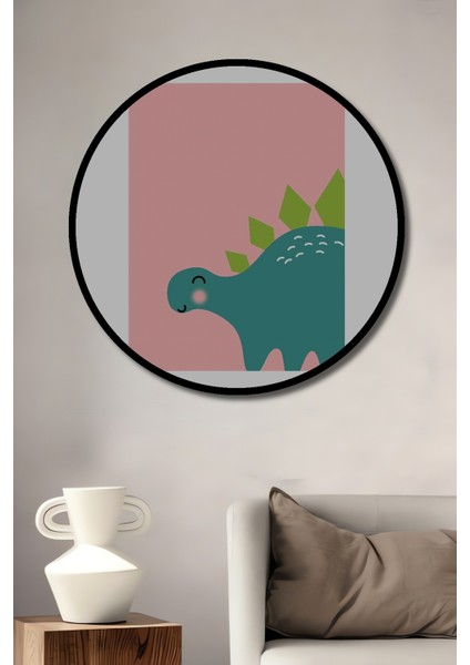 Dekoratif Ahşap Yuvarlak Çerçeve Görünümlü Tablo Şirin Dinozor