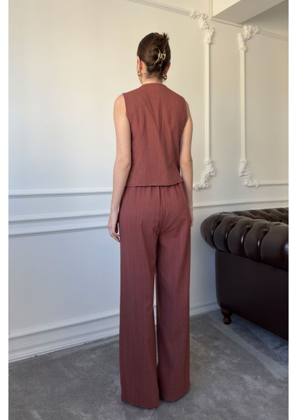 Süs Cepli Yelekli Keten Takım- Kiremit