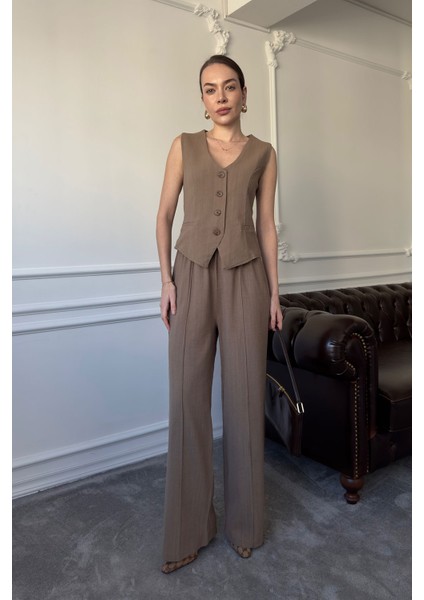 Süs Cepli Yelekli Keten Takım- Vizon