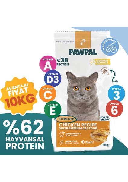 Tavuklu Süper Premium Kısırlaştırılmış Kedi Maması 10 kg - Düşük Tahıllı