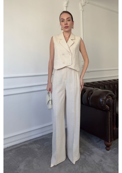 Kruvaze Yelekli Keten Takım- Taş