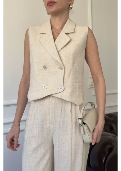 Kruvaze Yelekli Keten Takım- Taş