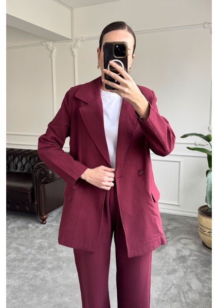 Kruvaze Düğmeli Keten Takım- Bordo