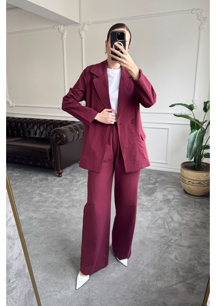 Kruvaze Düğmeli Keten Takım- Bordo