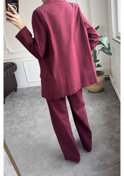 Kruvaze Düğmeli Keten Takım- Bordo