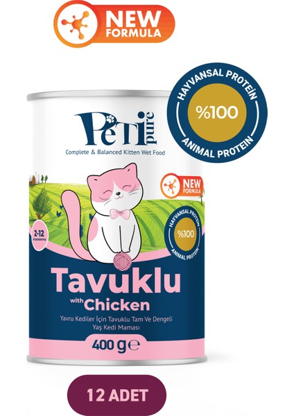 Tavuklu Yaş Konserve Yavru Kedi Maması, Jöle Içinde Parça Etli, 400 gr x 12 Adet