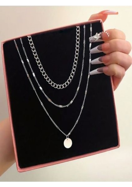 Vintage 3 Sıralı Gümüş Renk Kolye-Ürün Gümüş Rengidir