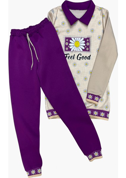 Kız Çocuk Papatya Baskılı Taş Süslemeli 3 Iplik Alt Üst Takım 12324