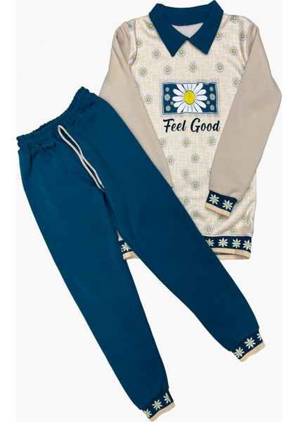 Kız Çocuk Papatya Baskılı Taş Süslemeli 3 Iplik Alt Üst Takım 12324