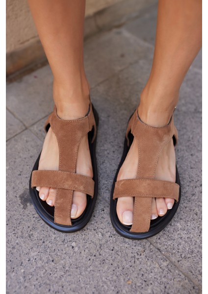 Pesco Kadin Kahve Suet Sandalet