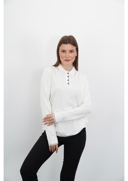 Polo Yaka Düğmeli Triko-Ekru