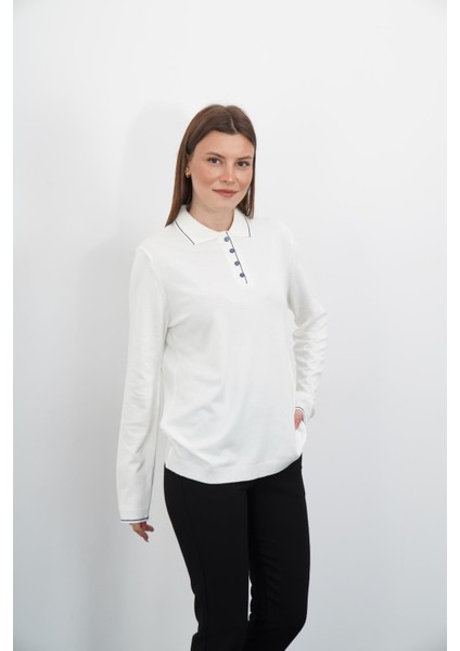 Polo Yaka Düğmeli Triko-Ekru