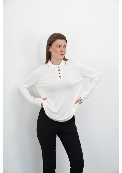 Polo Yaka Düğmeli Triko-Ekru