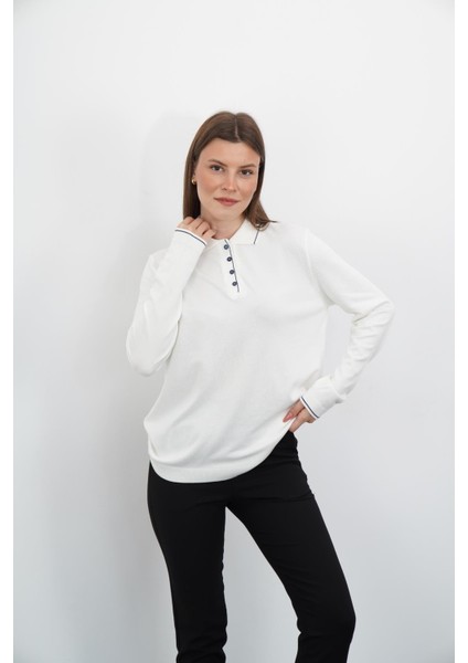 Polo Yaka Düğmeli Triko-Ekru