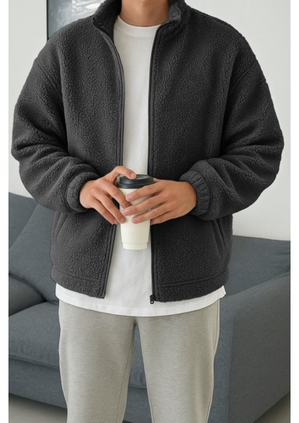 Erkek Isı Termal Iç Dış Sherpa Sonbahar Kış Tam Fermuarlı Peluş Polar Sweatshirt