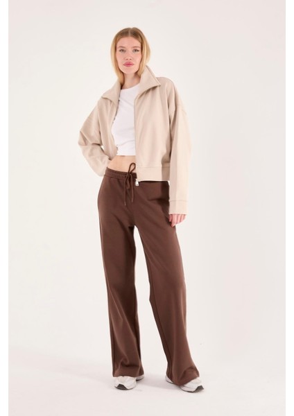 %100 Pamuk Fermuarlı Yüksek Yakalı Kadın Sweatshirt