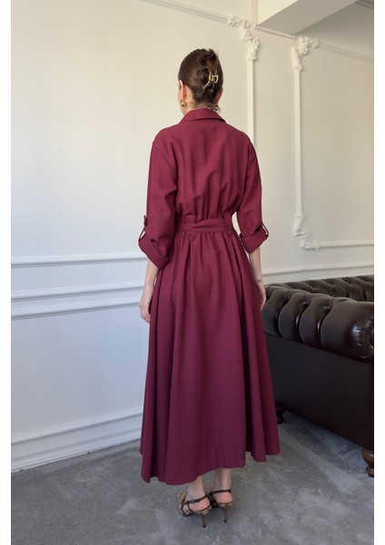 Çift Cepli Bağlamalı Keten Elbise- Bordo