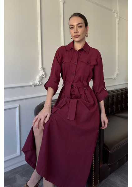 Çift Cepli Bağlamalı Keten Elbise- Bordo