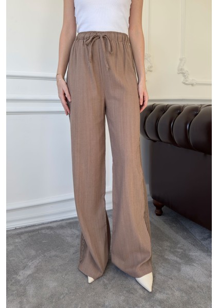 Boru Paça Yanı Dantelli Keten Pantolon- Kahverengi