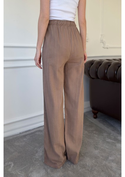 Boru Paça Yanı Dantelli Keten Pantolon- Kahverengi