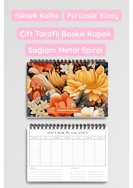 Sonbahar Çiçekleri Temalı A5 Tel Spiralli Yapılacaklar Notlar Listesi Haftalık Planlayıcı