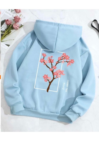 Punıx Kıds Özel Üretim Kapüşonlu Pembe Çiçek Dalı Sırt Baskılı 2 Iplik Kışlık Kız Çocuk Trend Sweatshırt