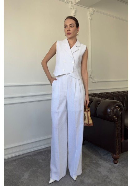 Kruvaze Yelekli Keten Takım- Beyaz