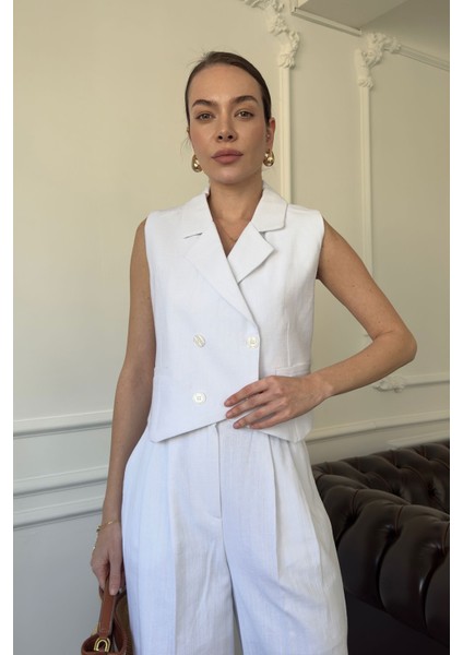 Kruvaze Yelekli Keten Takım- Beyaz