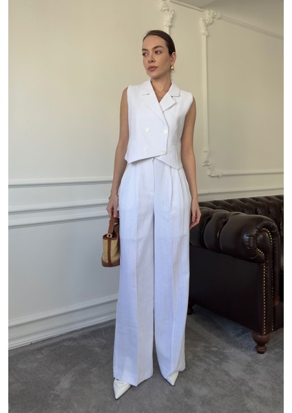 Kruvaze Yelekli Keten Takım- Beyaz