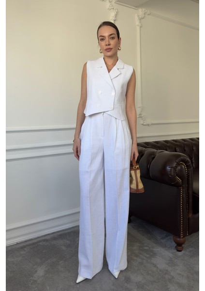 Kruvaze Yelekli Keten Takım- Beyaz