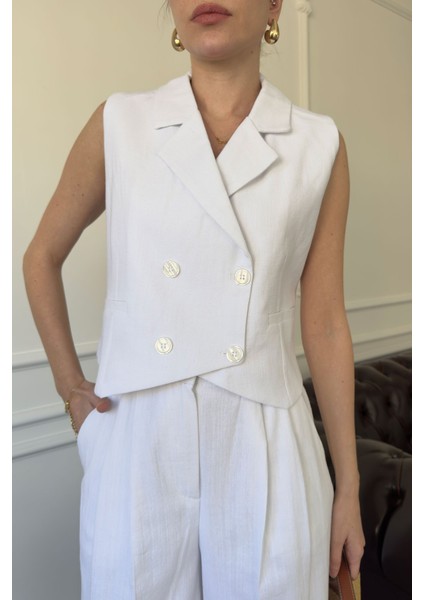 Kruvaze Yelekli Keten Takım- Beyaz