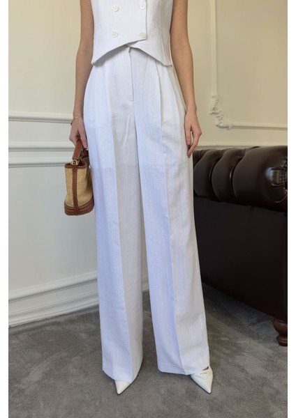 Kruvaze Yelekli Keten Takım- Beyaz