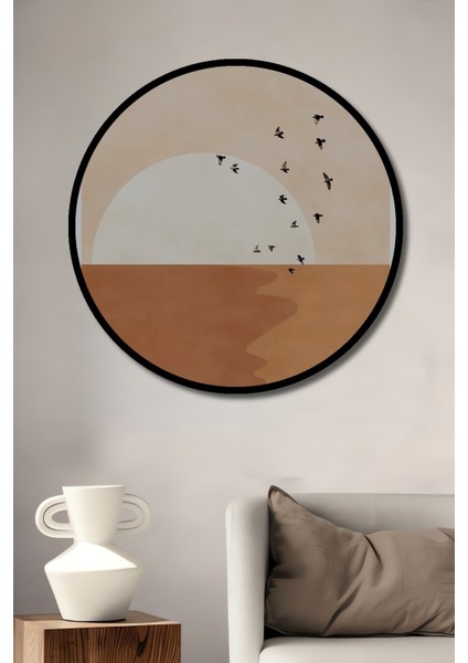 Dekoratif Ahşap Yuvarlak Çerçeve Görünümlü Tablo Gün Batımı Kuşlar