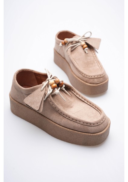 Kadın Süet Loafer Ayakkabı Bağcık Boncuk Detaylı Vizon Kavera fiyatları