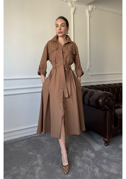 Çift Cepli Bağlamalı Keten Elbise- Kahverengi