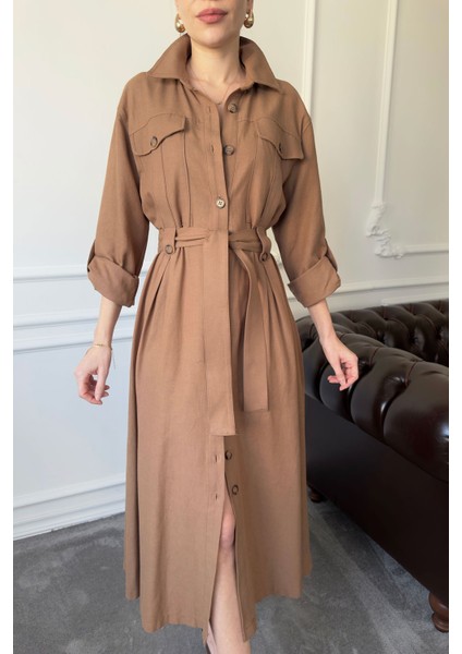 Çift Cepli Bağlamalı Keten Elbise- Kahverengi