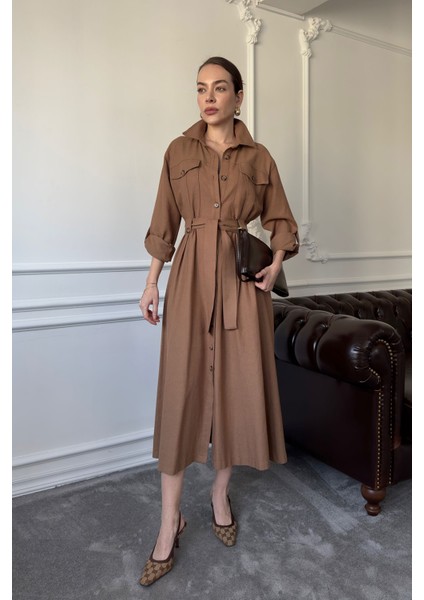 Çift Cepli Bağlamalı Keten Elbise- Kahverengi
